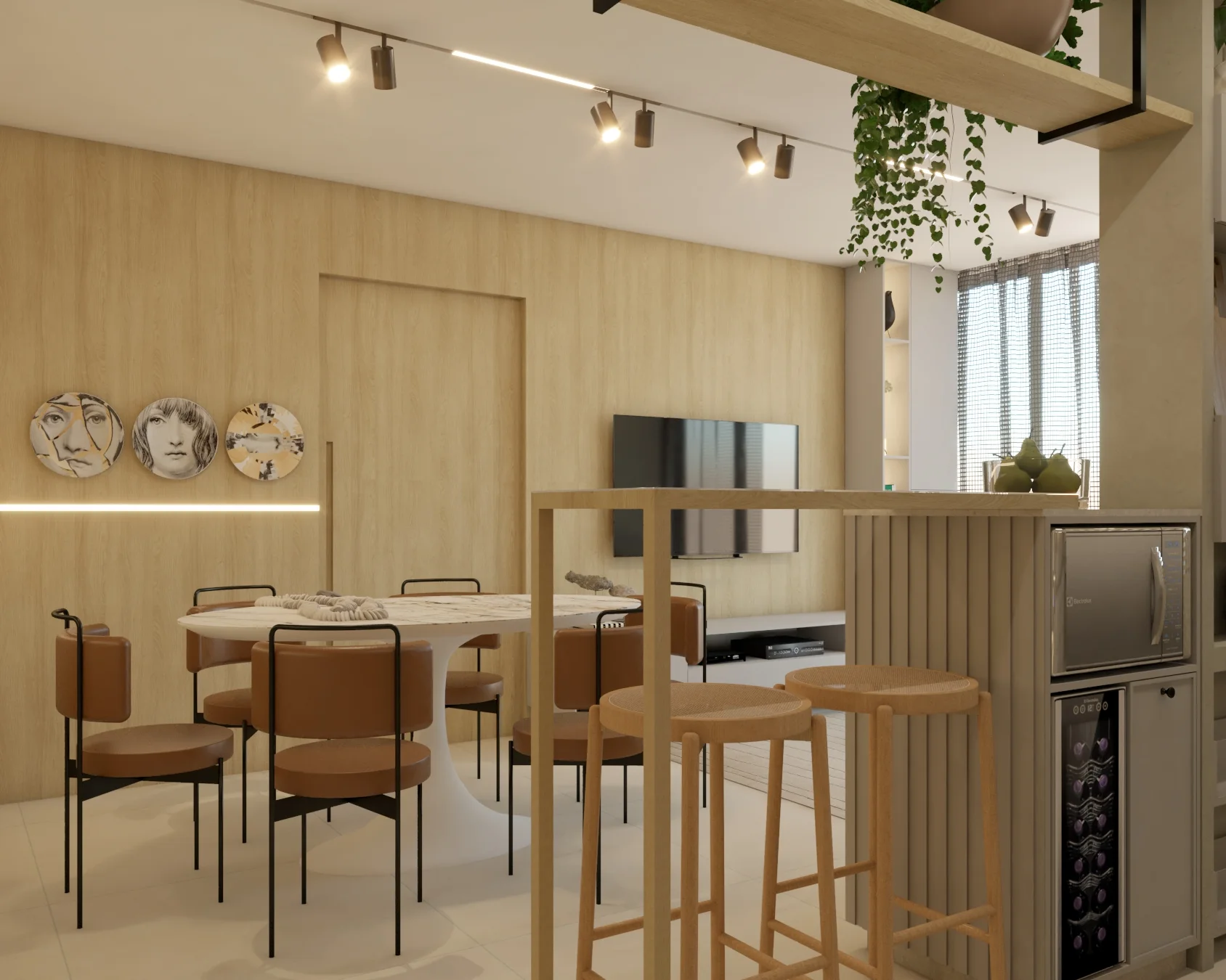 Interior integrado com marcenaria clara, mesa de jantar e iluminação quente